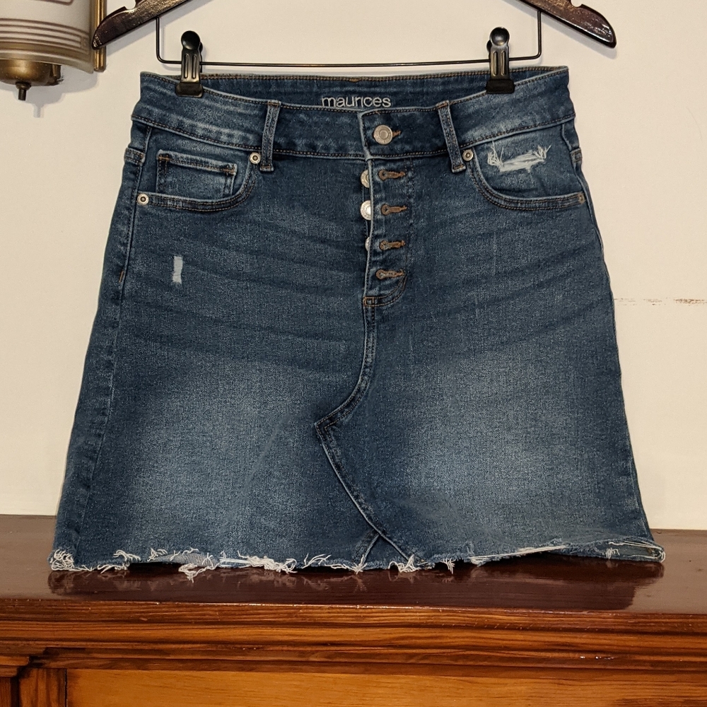 Maurices Dark Blue Denim Skirt with Distressed Hem